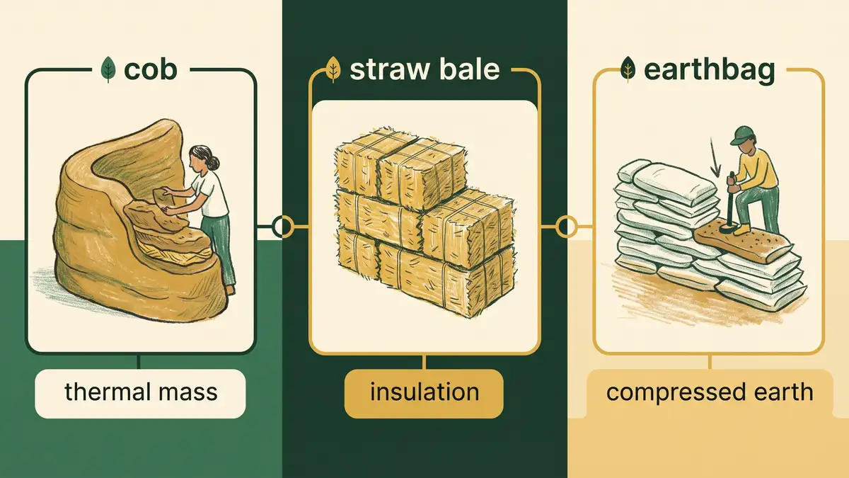 Infographic comparing the three natural building methods: cob as thermal mass, straw bale as insulation, and earthbag as compressed earth