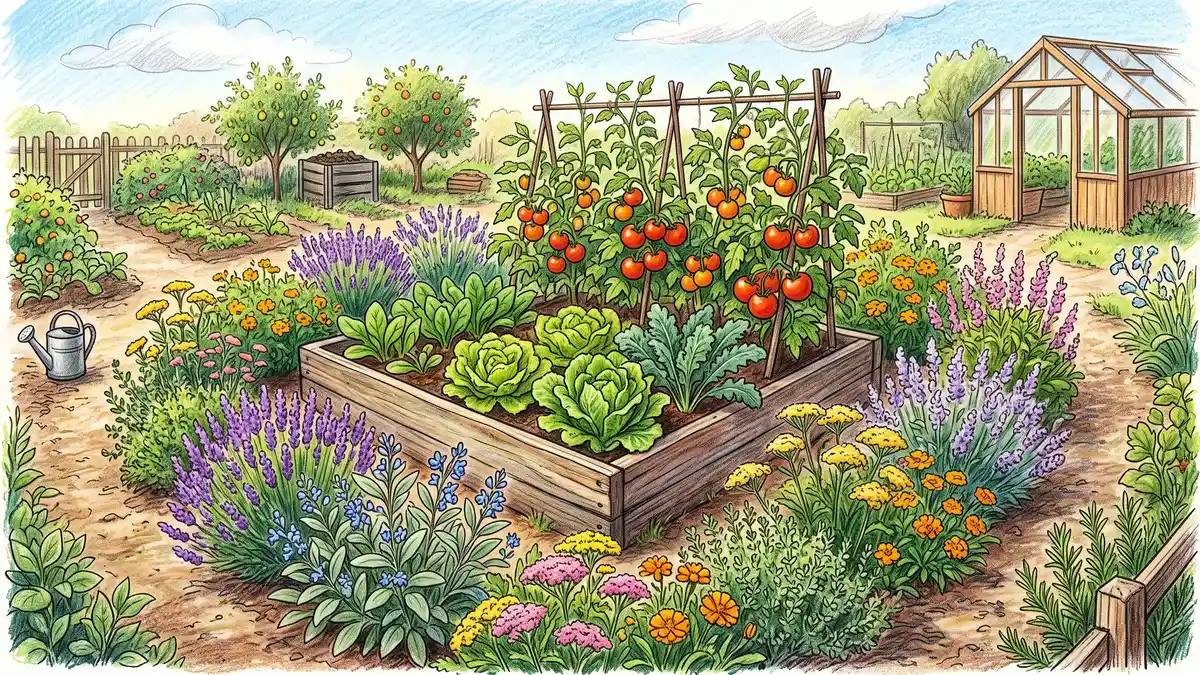 A fragrant protective border of lavender, sage, yarrow, and catmint planted as a living barrier around a raised vegetable bed full of lettuce and tomatoes
