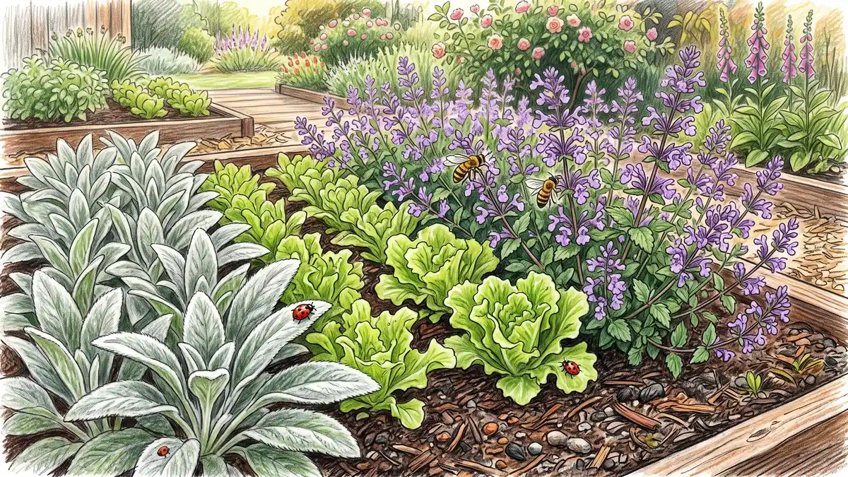 Soft silvery fuzzy lamb's ear and fragrant purple catmint growing around tender green lettuce, showing companion planting that protects vulnerable crops