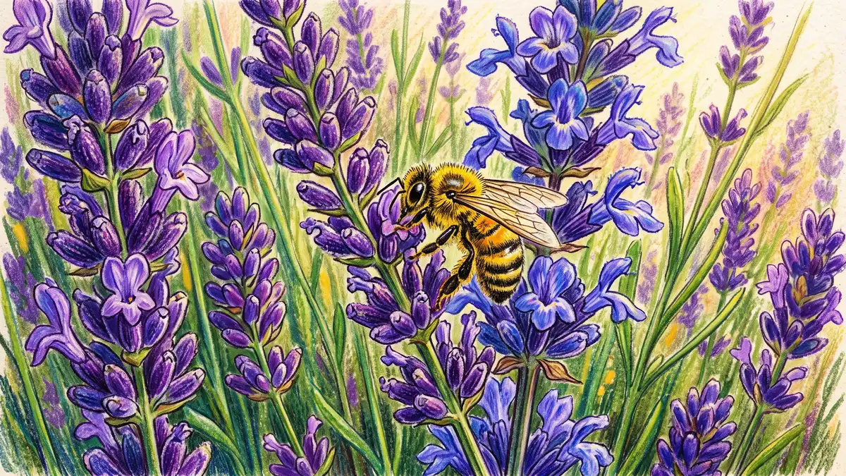 Extreme close-up of fragrant purple lavender and blue salvia flower spikes in bloom with a honeybee