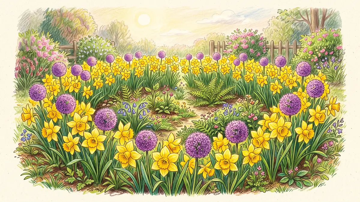 A bright cluster of yellow daffodils and purple ornamental allium globes blooming together as a protective garden ring