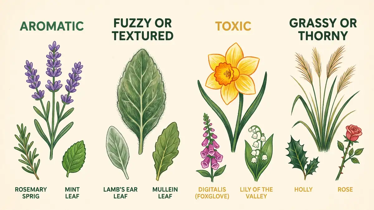 Infographic showing the four reasons deer avoid plants: aromatic, fuzzy or textured, toxic, and grassy or thorny, each with example plants
