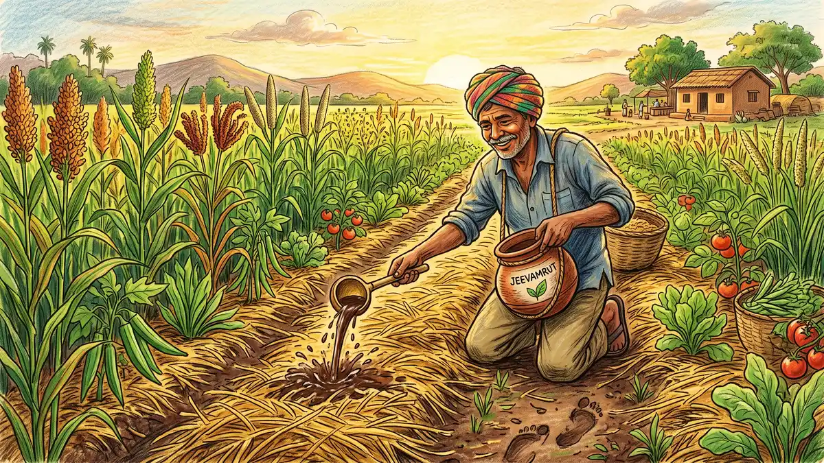 An Indian farmer practicing natural farming, applying a fermented soil tonic to a diverse field of millets and vegetables with thick straw mulch between rows