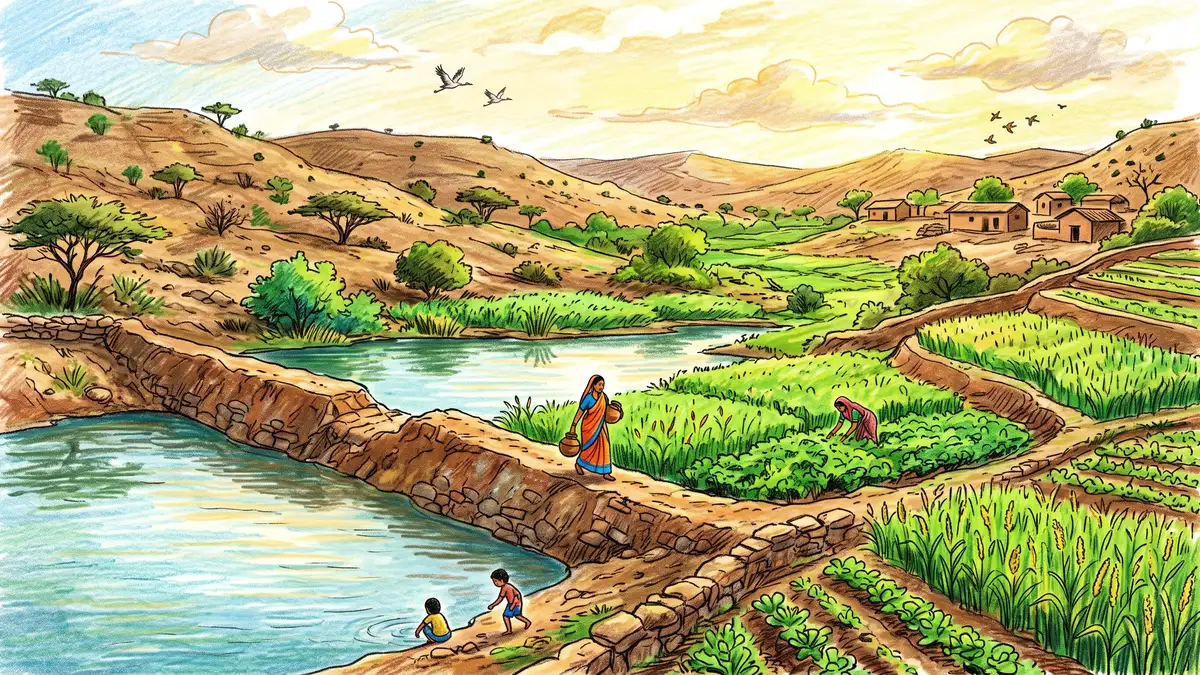 A traditional Indian johad earthen check dam holding rainwater in a semi-arid Rajasthan landscape with the surrounding land turning green and crops growing nearby