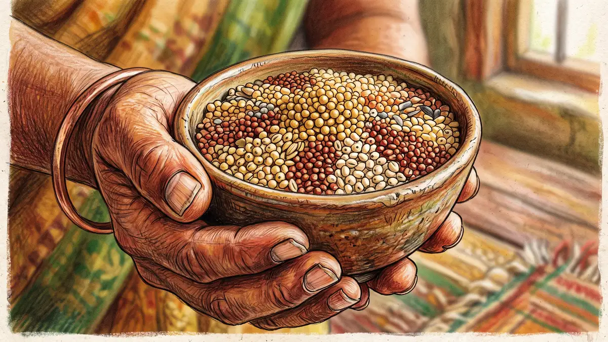 Close-up of a hand holding a bowl of diverse Indian millets including golden pearl millet, reddish finger millet, and sorghum grains