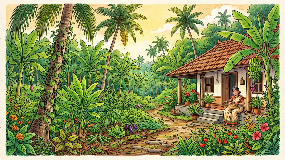 A lush South Indian Kerala home garden with coconut palms, banana, pepper vines, turmeric, and vegetables growing together in dense multilayer planting
