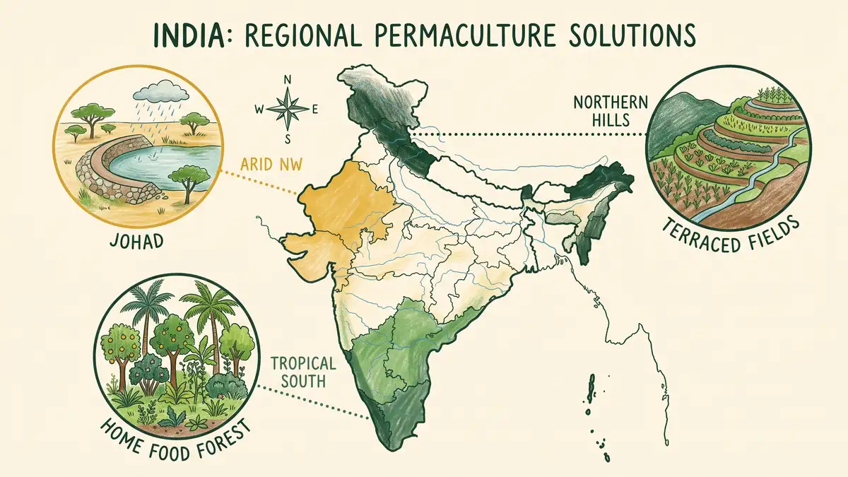 Infographic map of India showing three climate zones with matching permaculture solutions: a water-harvesting johad in the arid northwest, a home food forest in the tropical south, and terraced fields in the northern hills