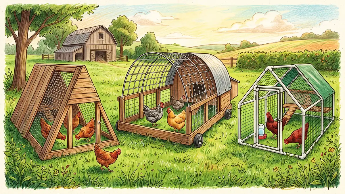 Pencil-crayon illustration comparing three chicken tractor designs: wooden A-frame, cattle-panel hoop, and lightweight PVC frame on grass