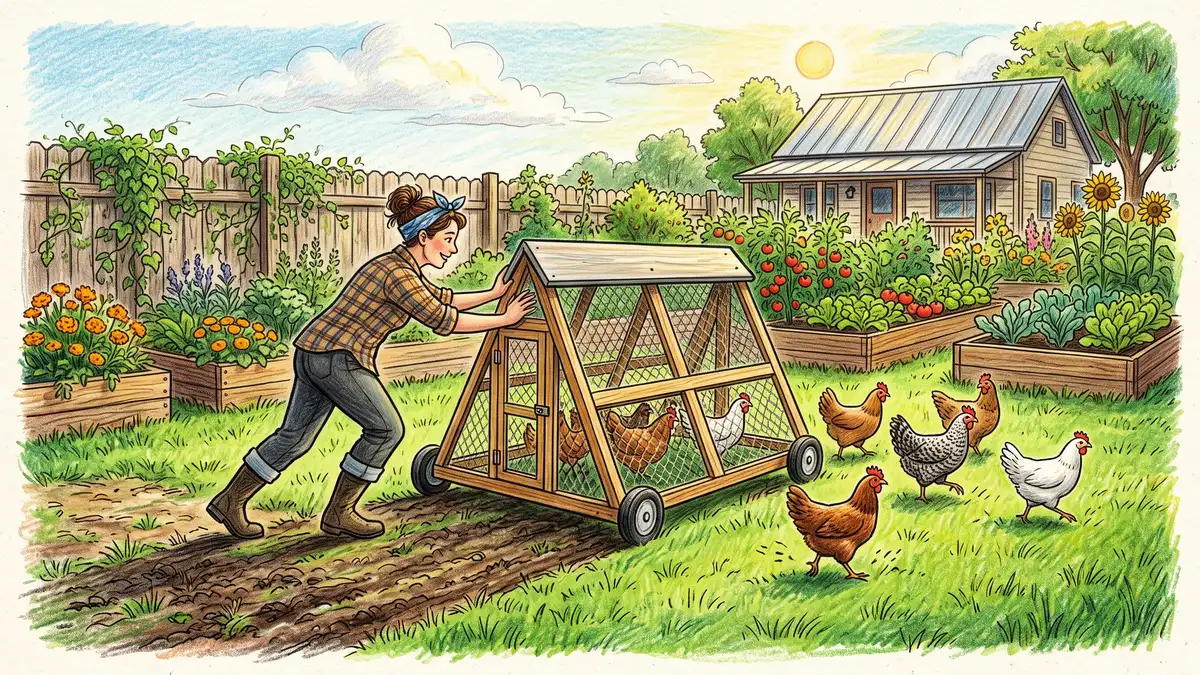 Pencil-crayon scene of a homesteader sliding a lightweight chicken tractor to fresh grass, leaving a strip of fertilized scratched soil behind