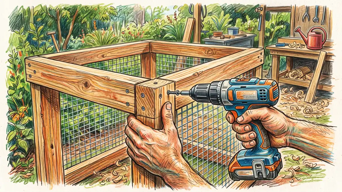 Pencil-crayon close-up of hands using a cordless drill to assemble a wooden chicken tractor frame with hardware cloth mesh