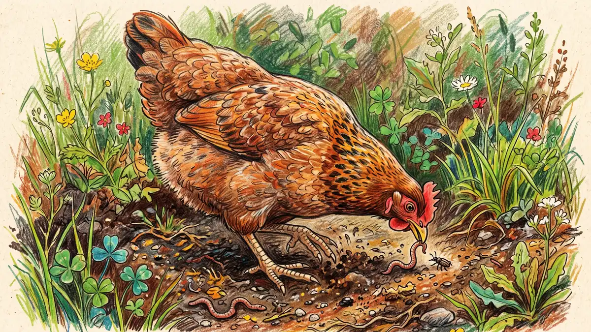 Pencil-crayon close-up of a brown hen scratching and foraging for insects in soil, showing why chicken tractor space per bird matters