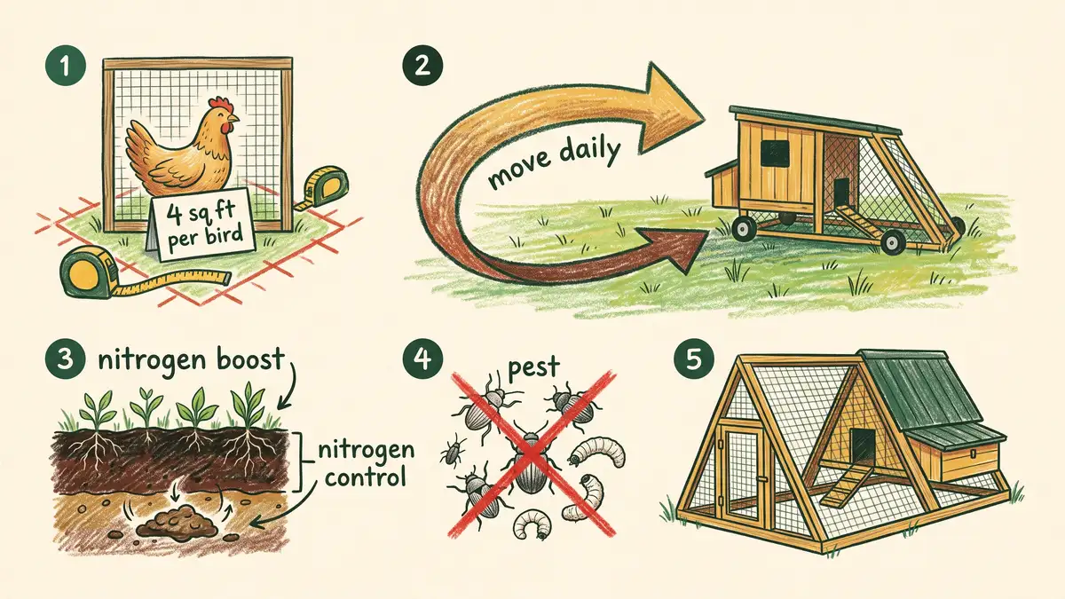 Pencil-crayon infographic of chicken tractor design specs: space per bird, move daily, nitrogen boost, and pest control, in GrowPerma earth-green colors