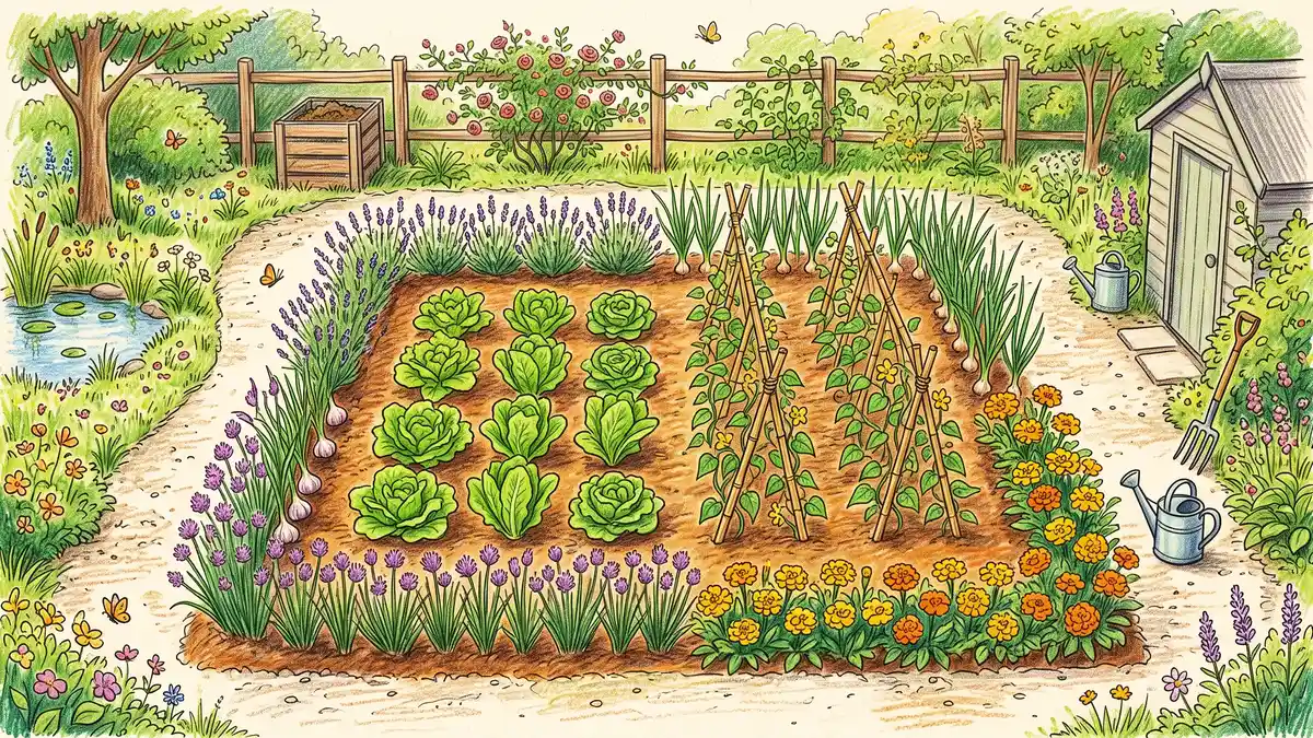 Pencil-crayon garden layout showing a vegetable bed ringed with onions, garlic, lavender, and marigolds protecting lettuce and beans in the center
