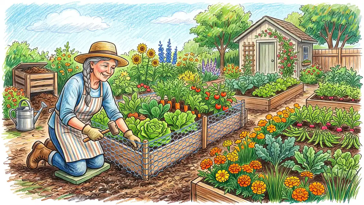 Pencil-crayon scene of a gardener installing a low chicken-wire fence buried at the base around a raised vegetable bed edged with marigolds