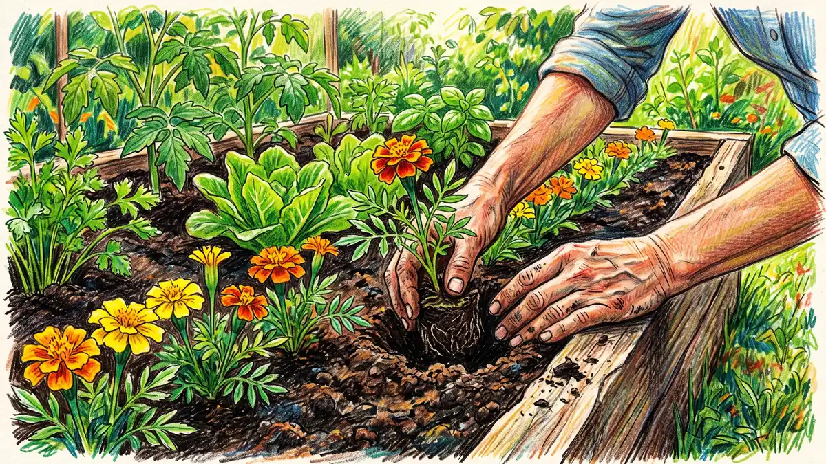Pencil-crayon close-up of hands planting marigold seedlings along the edge of a raised vegetable bed as a protective border