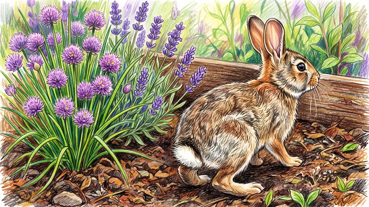Pencil-crayon close-up of a cottontail rabbit sniffing and turning away from flowering chives and lavender in a rabbit-resistant garden border