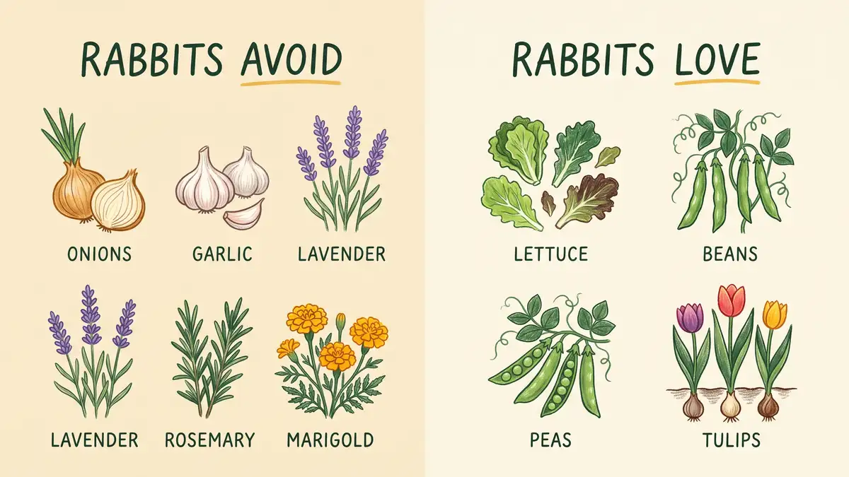 Pencil-crayon infographic showing plants rabbits avoid such as onions and lavender versus plants rabbits love such as lettuce and tulips