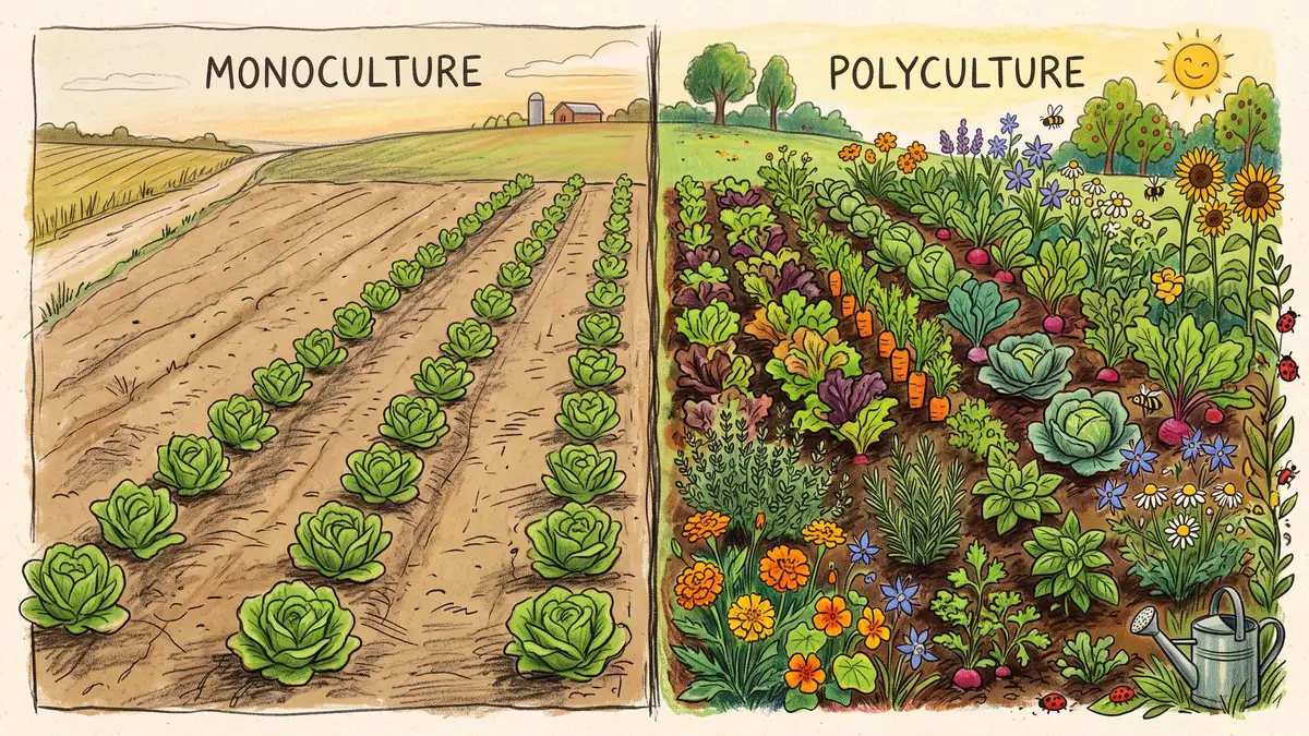 Pencil-crayon comparison of a bare monoculture lettuce row on the left versus a diverse polyculture bed of mixed vegetables, herbs, and flowers on the right
