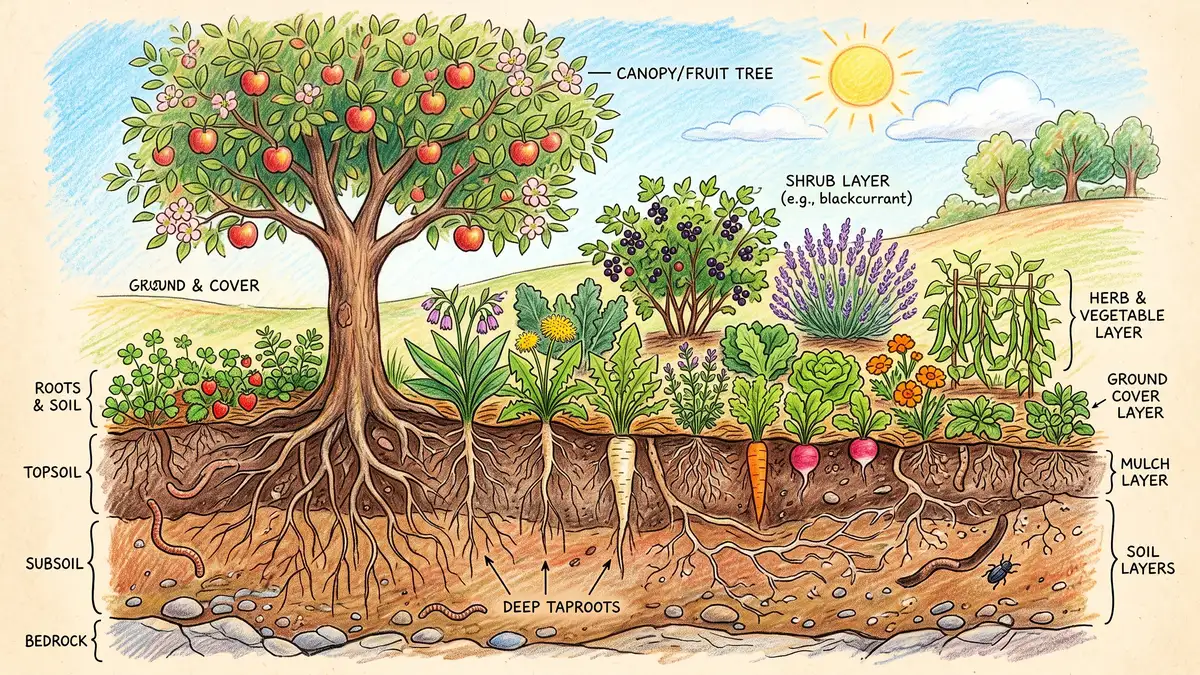 Pencil-crayon cross-section of a layered polyculture guild showing plants at different heights and root depths from tall tree to ground cover