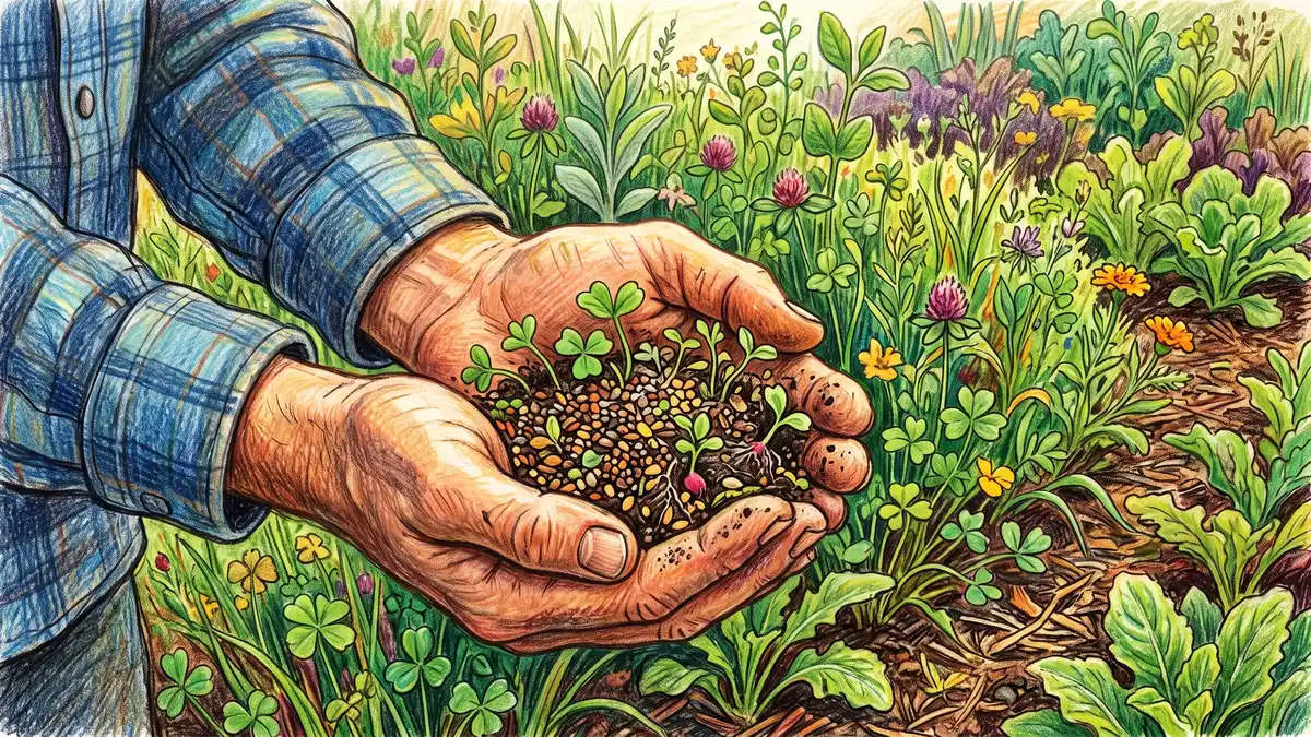 Pencil-crayon close-up of a gardener's hands holding a mixed handful of cover crop seeds beside a diverse planted bed