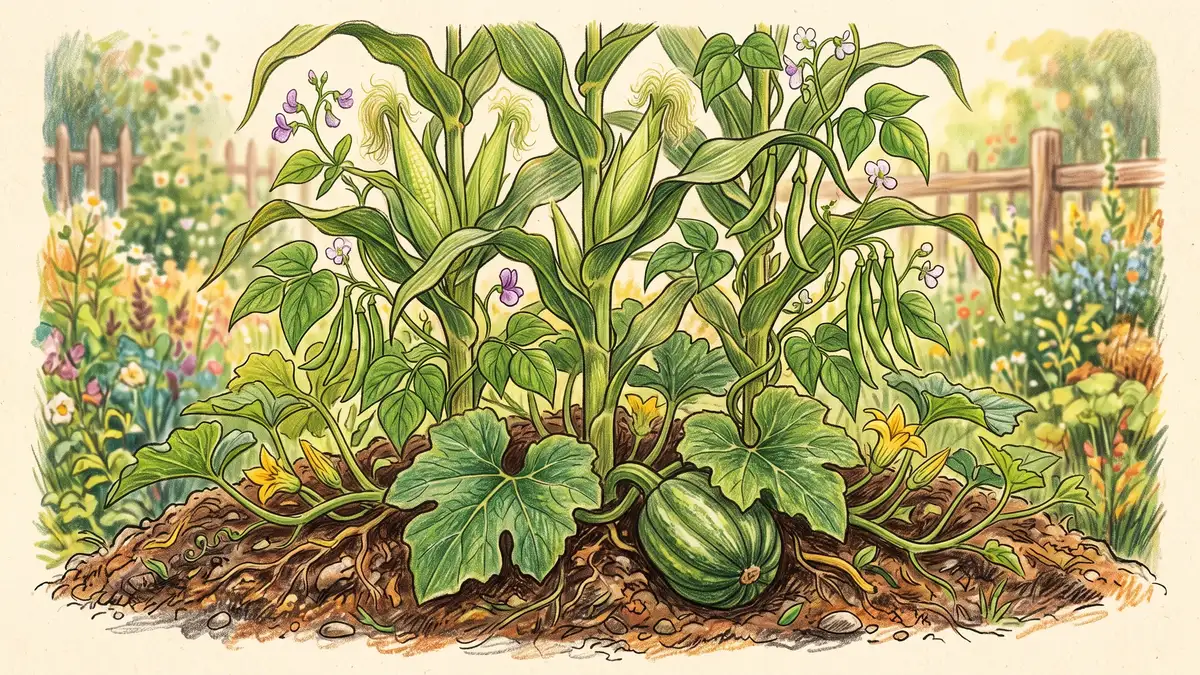 Pencil-crayon close-up of a Three Sisters polyculture with corn, climbing beans, and squash growing together in one mound