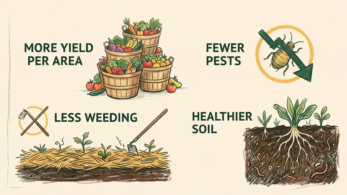 Pencil-crayon infographic of polyculture benefits: more yield per area, fewer pests, less weeding, and healthier soil, in GrowPerma earth-green colors