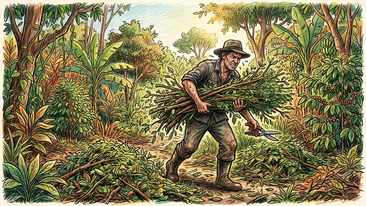 Pencil-crayon scene of a farmer doing heavy manual pruning in a dense syntropic system with arms full of cut branches, showing the labor intensity