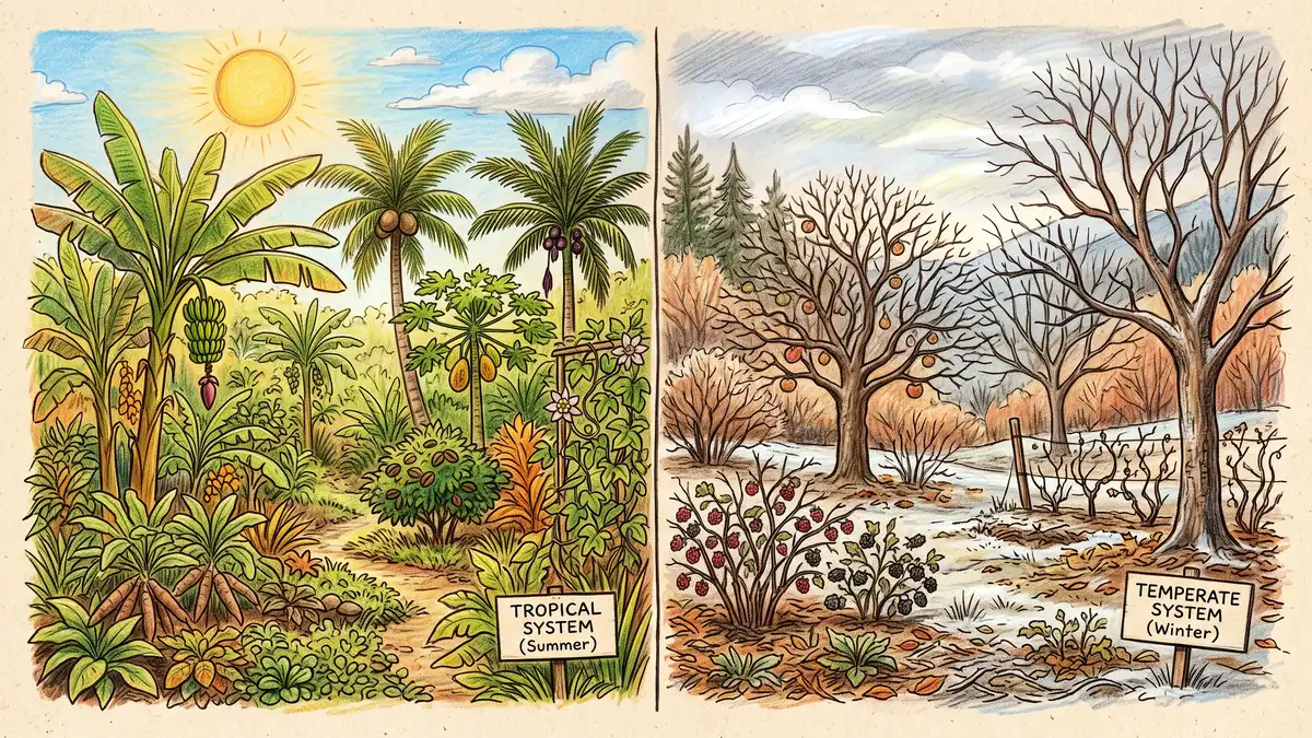 Pencil-crayon comparison of a tropical syntropic system with bananas and palms versus a temperate version with apple trees and bare winter branches