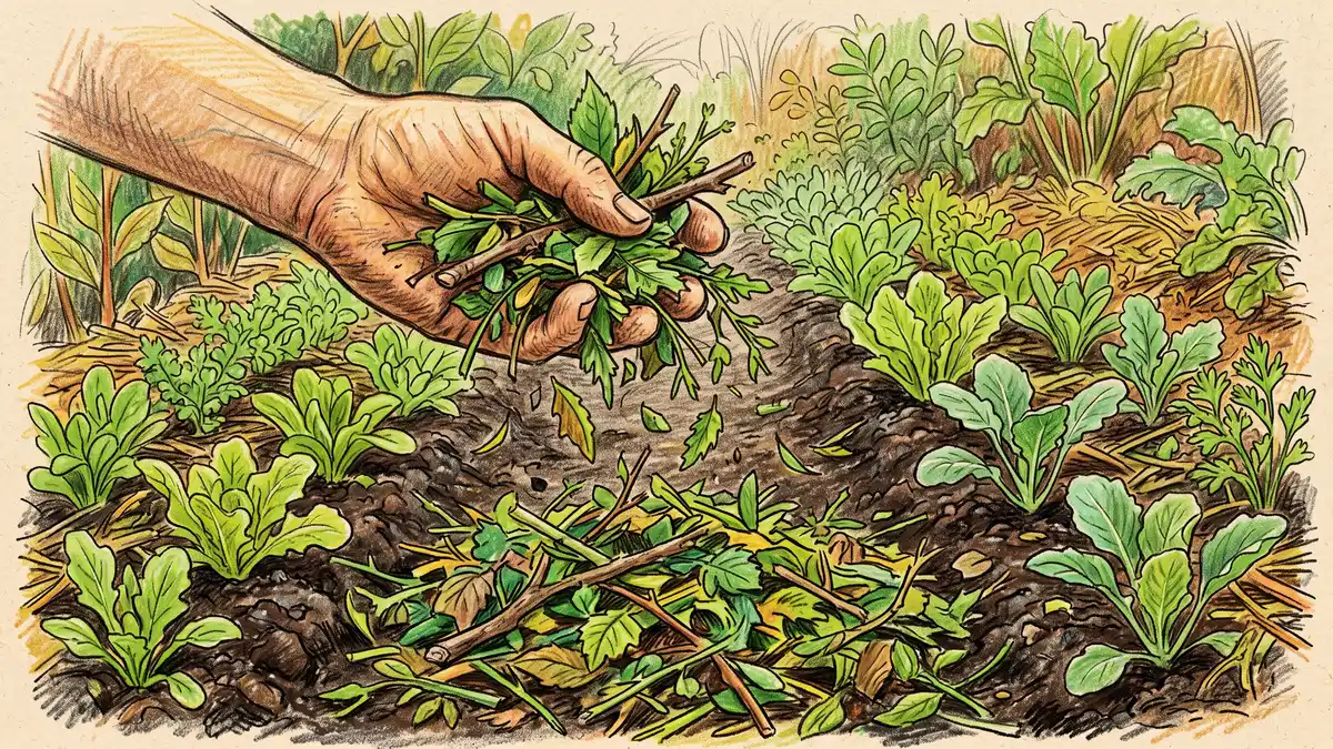 Pencil-crayon close-up of a hand dropping chopped green branches as mulch onto dark soil, the chop-and-drop technique central to syntropic agriculture