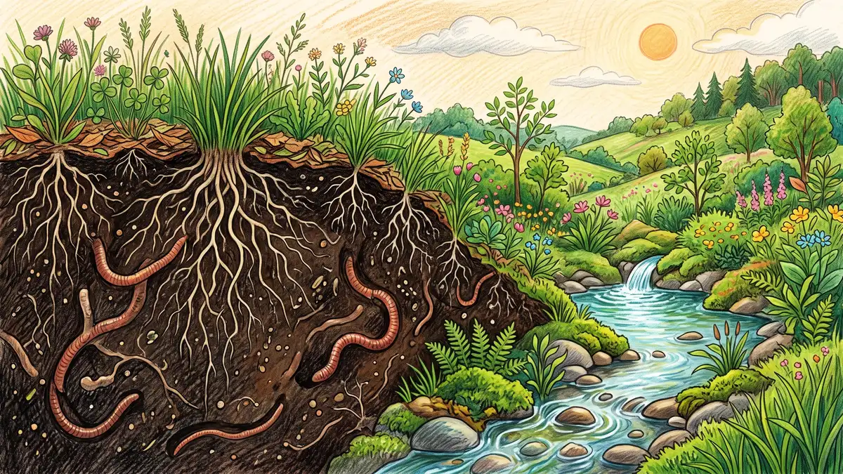 Pencil-crayon close-up of a healthy soil profile with earthworms and roots beside a small clear spring on restored green land