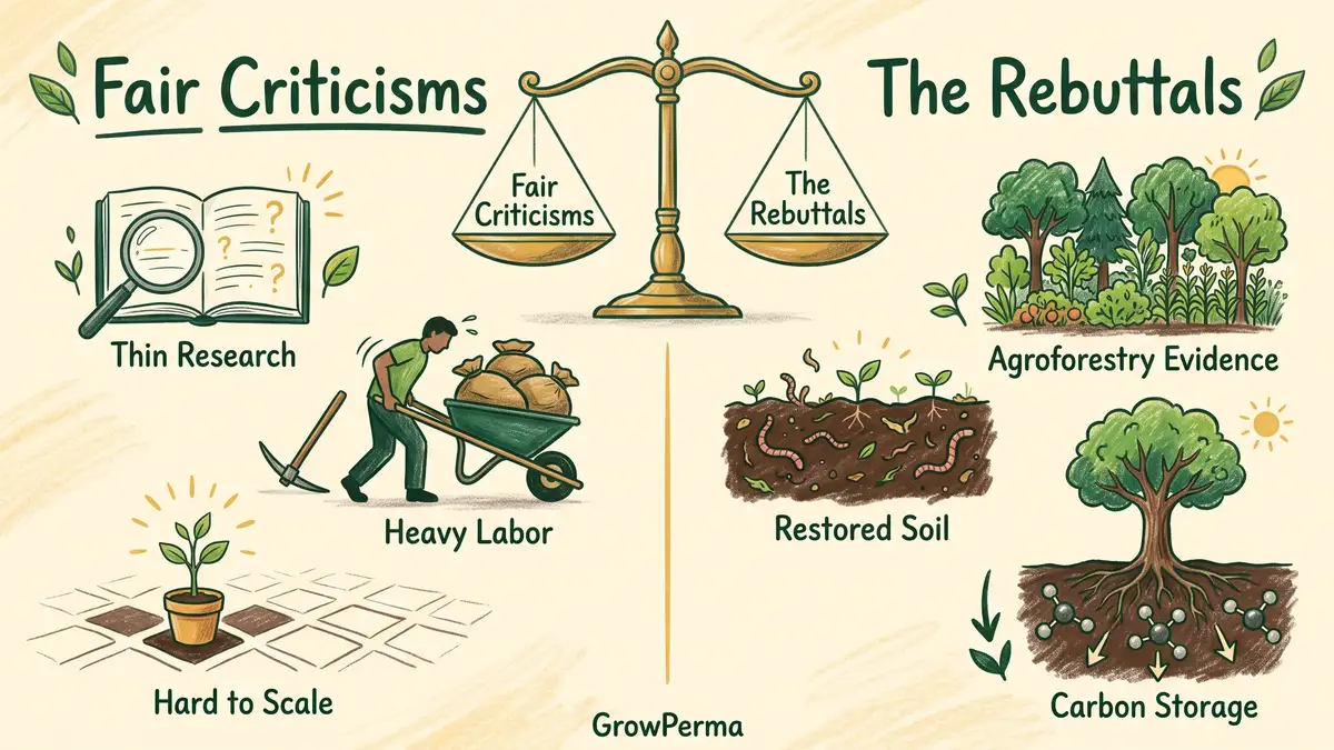 Pencil-crayon infographic weighing fair criticisms of syntropic agriculture against evidence-based rebuttals on a balanced scale