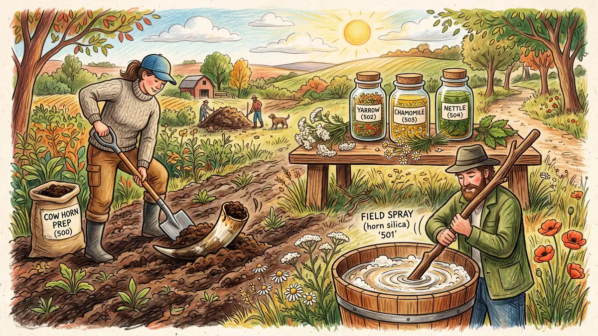 Pencil-crayon scene of biodynamic preparations including a cow horn packed with manure, herbal compost preparations, and a bucket of field spray