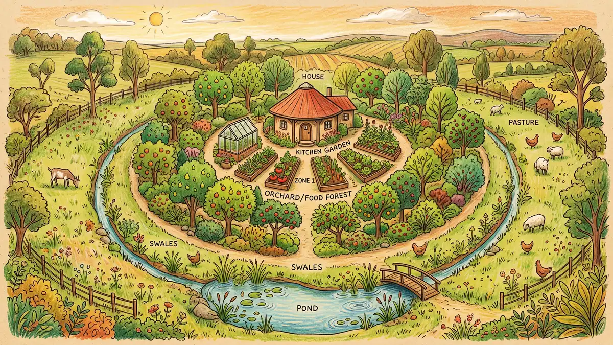 Pencil-crayon aerial view of a permaculture garden design with concentric zones, food forest, swales, and a water-harvesting pond