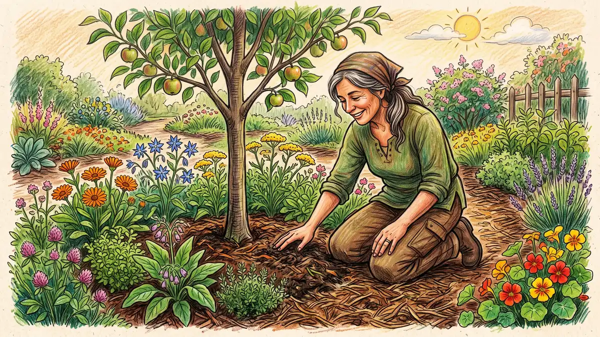 Pencil-crayon close-up of a gardener kneeling to observe a diverse permaculture guild and touch healthy mulched soil around a fruit tree