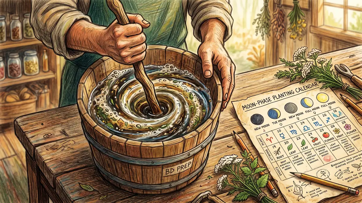 Pencil-crayon close-up of hands stirring a biodynamic field-spray preparation into a vortex beside a moon-phase planting calendar