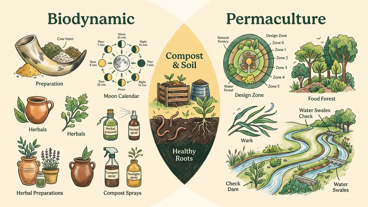 Pencil-crayon infographic comparing biodynamic tools and permaculture design zones with a shared soil-and-compost overlap in the middle