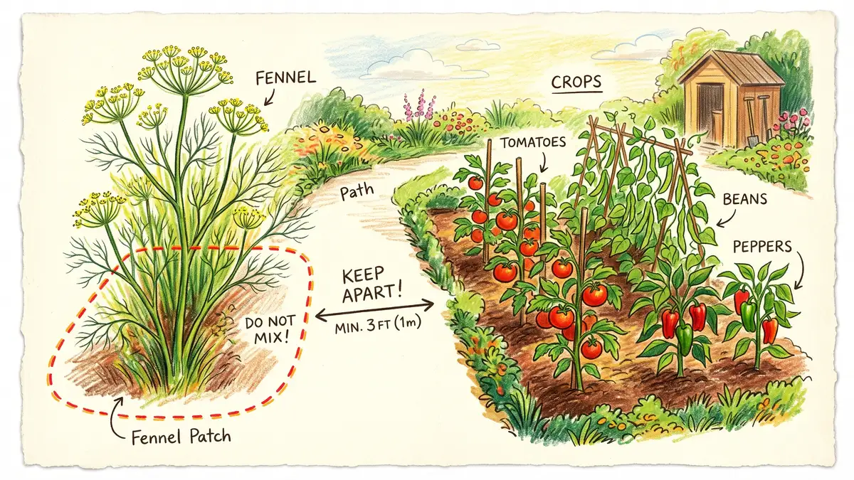 Pencil-crayon garden diagram showing fennel kept apart with a dashed keep-away boundary from tomatoes, beans, and peppers on the other side
