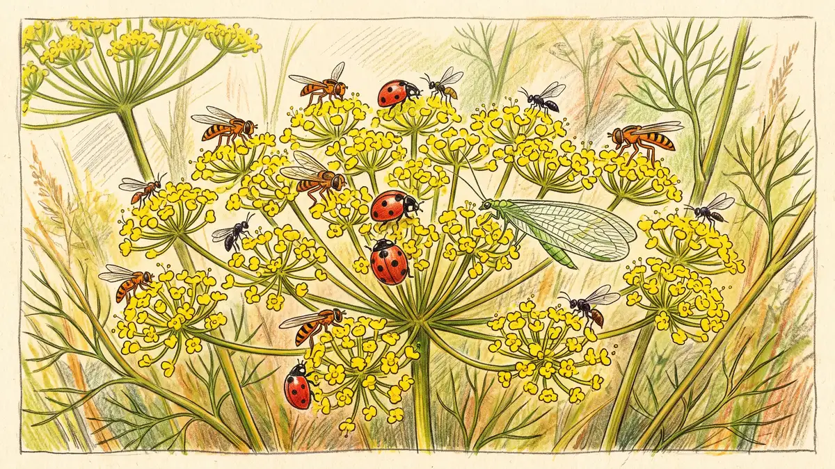 Pencil-crayon close-up of fennel's flat yellow umbel flowers covered in beneficial insects including hoverflies, ladybugs, lacewings, and parasitic wasps