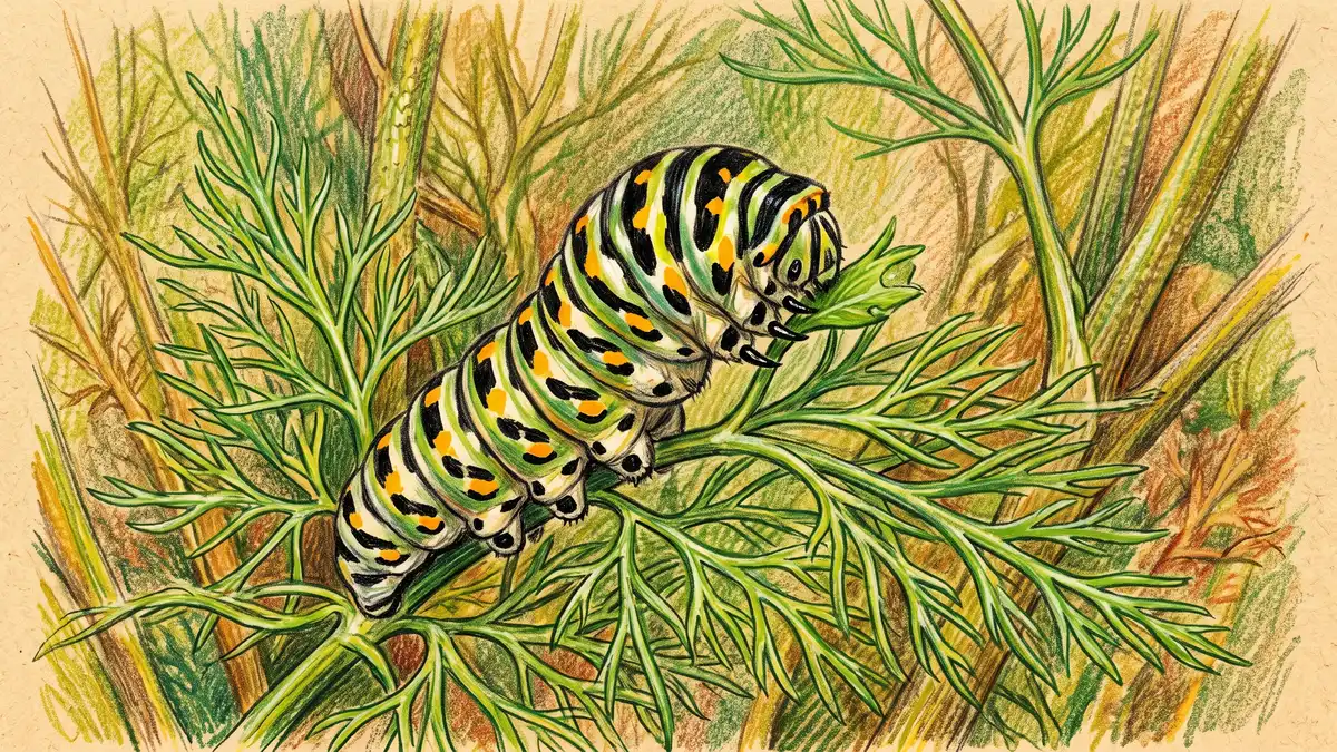 Pencil-crayon close-up of feathery fennel fronds with a striped black swallowtail caterpillar feeding on them