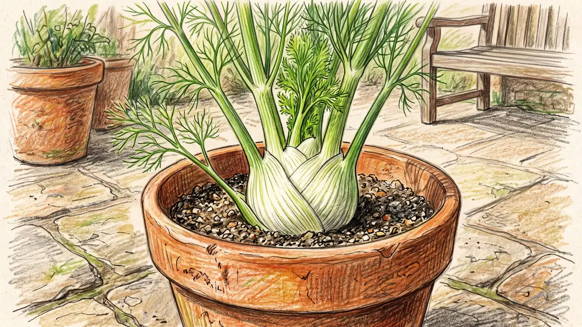 Pencil-crayon close-up of a Florence fennel plant with a swollen white bulb growing in a large terracotta container on a patio