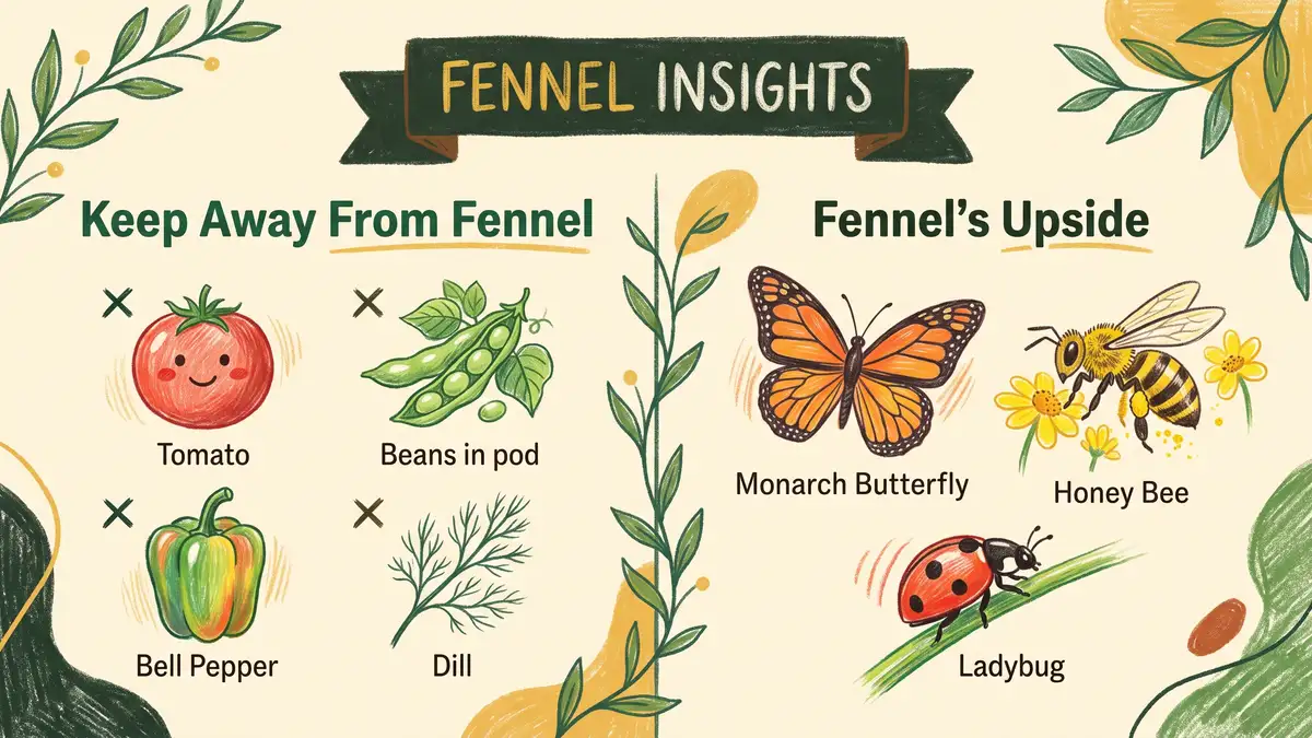 Pencil-crayon infographic showing plants to keep away from fennel like tomatoes and beans versus fennel's upside of attracting butterflies and beneficial insects