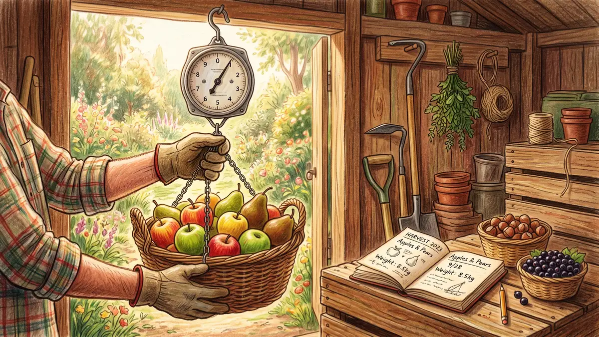 Gardener weighing a basket of apples and pears on a hanging scale beside a harvest notebook, recording food forest yields