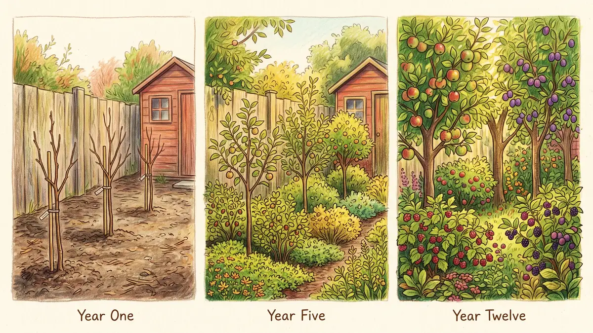 Three-panel illustration of the same backyard food forest at year one, year five and year twelve showing yield maturity over time