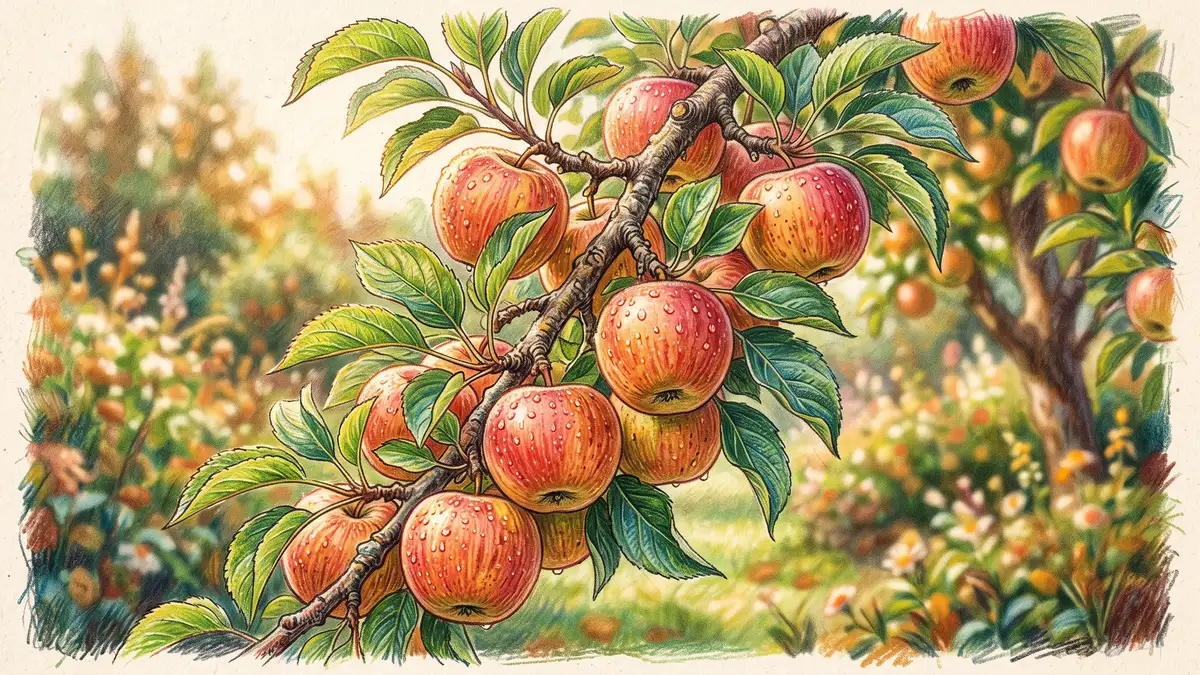 Close-up of a heavily laden semi-dwarf apple branch with ripe red and gold fruit, the workhorse of backyard food forest yield