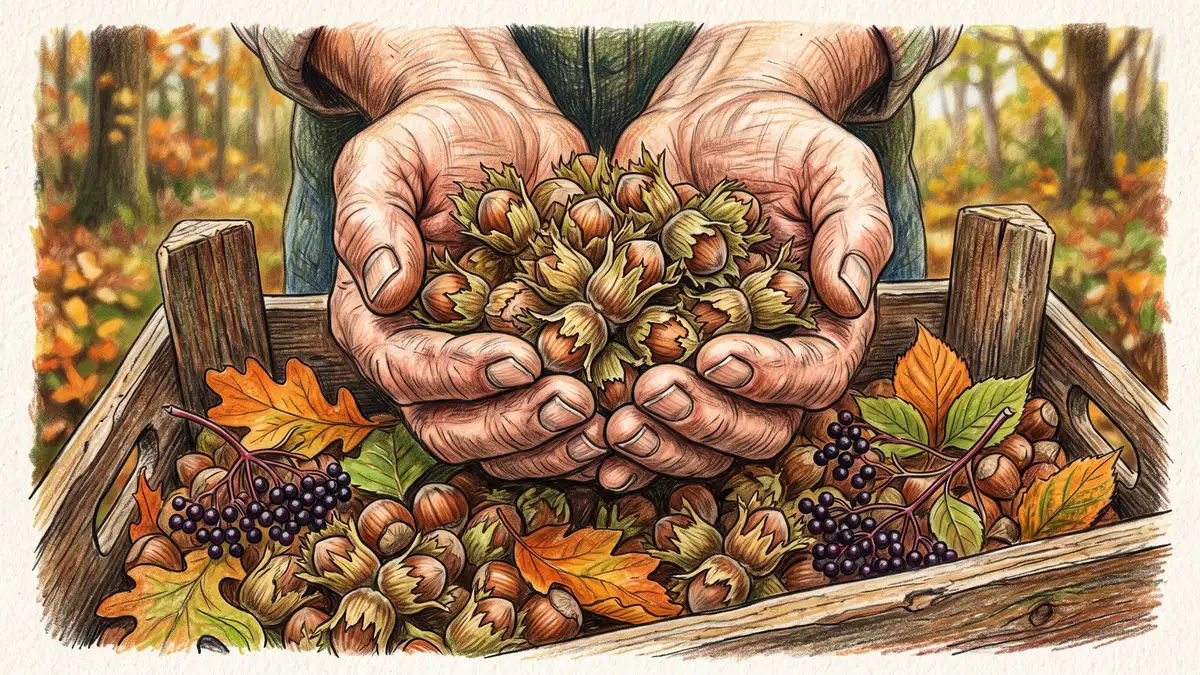 Hands cupping freshly gathered hazelnuts in their husks over a wooden harvest crate, part of a food forest annual yield