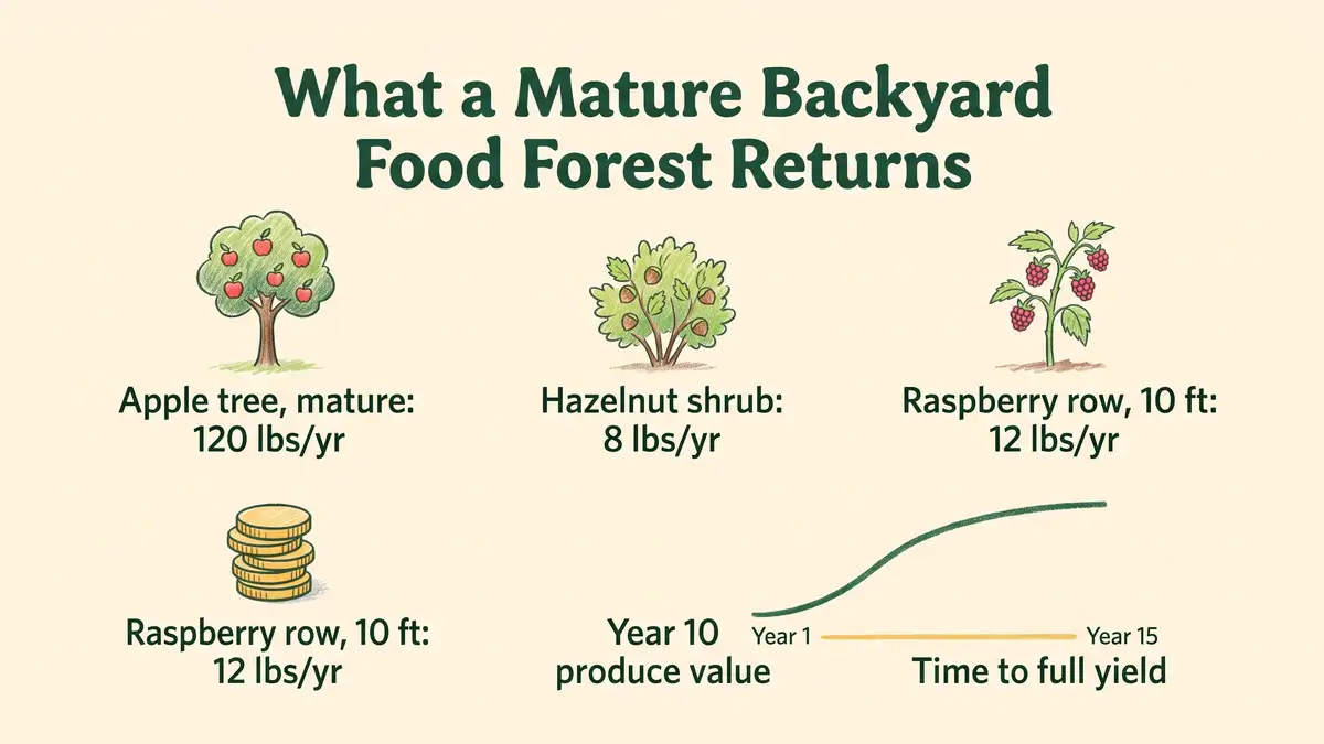 Infographic showing typical mature yields for apple, hazelnut and raspberry plus the rising value curve of a food forest from year 1 to 15