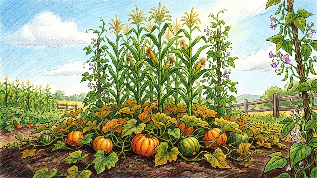 Three Sisters garden mound with corn stalks, pole beans climbing them and pumpkin vines shading the soil below