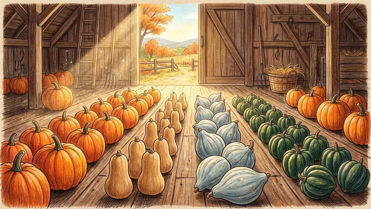 Harvested pumpkins and winter squash curing in rows on a barn floor in autumn light with stems left intact