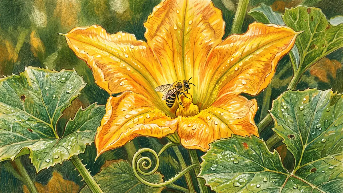 Open yellow-orange pumpkin blossom with a squash bee inside dusted with pollen, showing the pollination that drives pumpkin fruit size