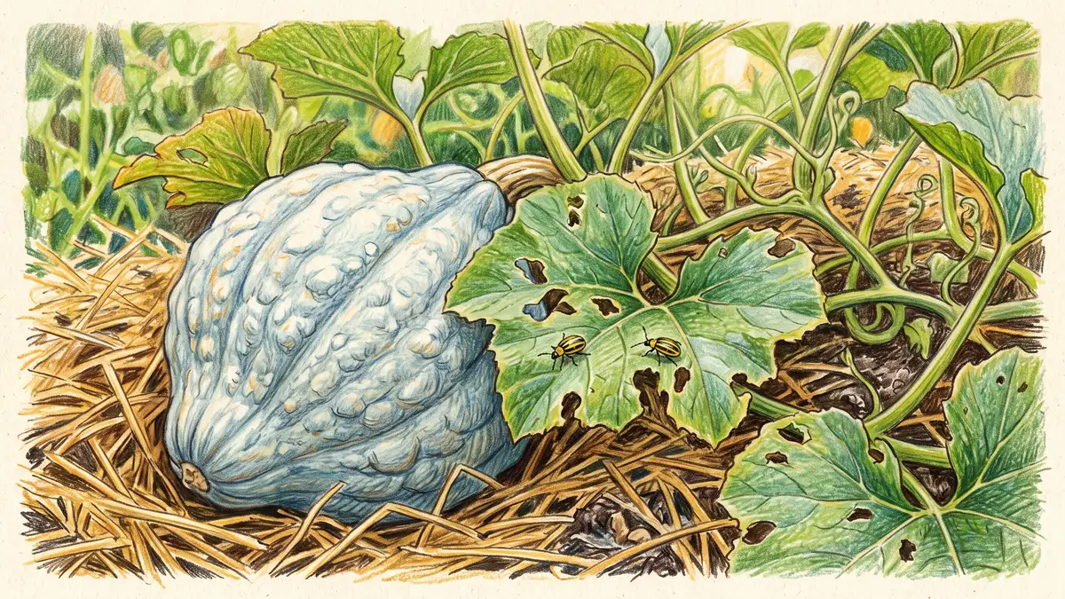 Pale blue Hubbard squash at a bed edge with striped cucumber beetle feeding damage on the leaves, working as a pumpkin trap crop